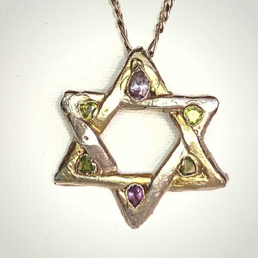 1.5" Jeweled Silver w/ Gold Jewish Star Amethysts - Tourmalines -Sterling Chain